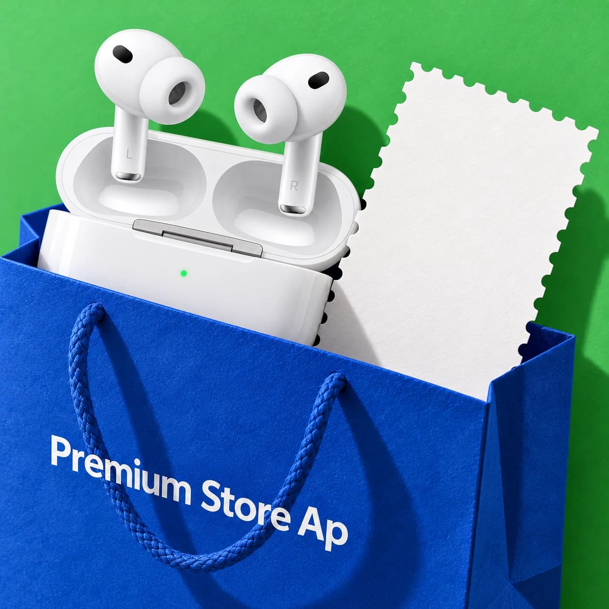 AirPods в фирменном пакете Premium Store Ap с бонусным талоном