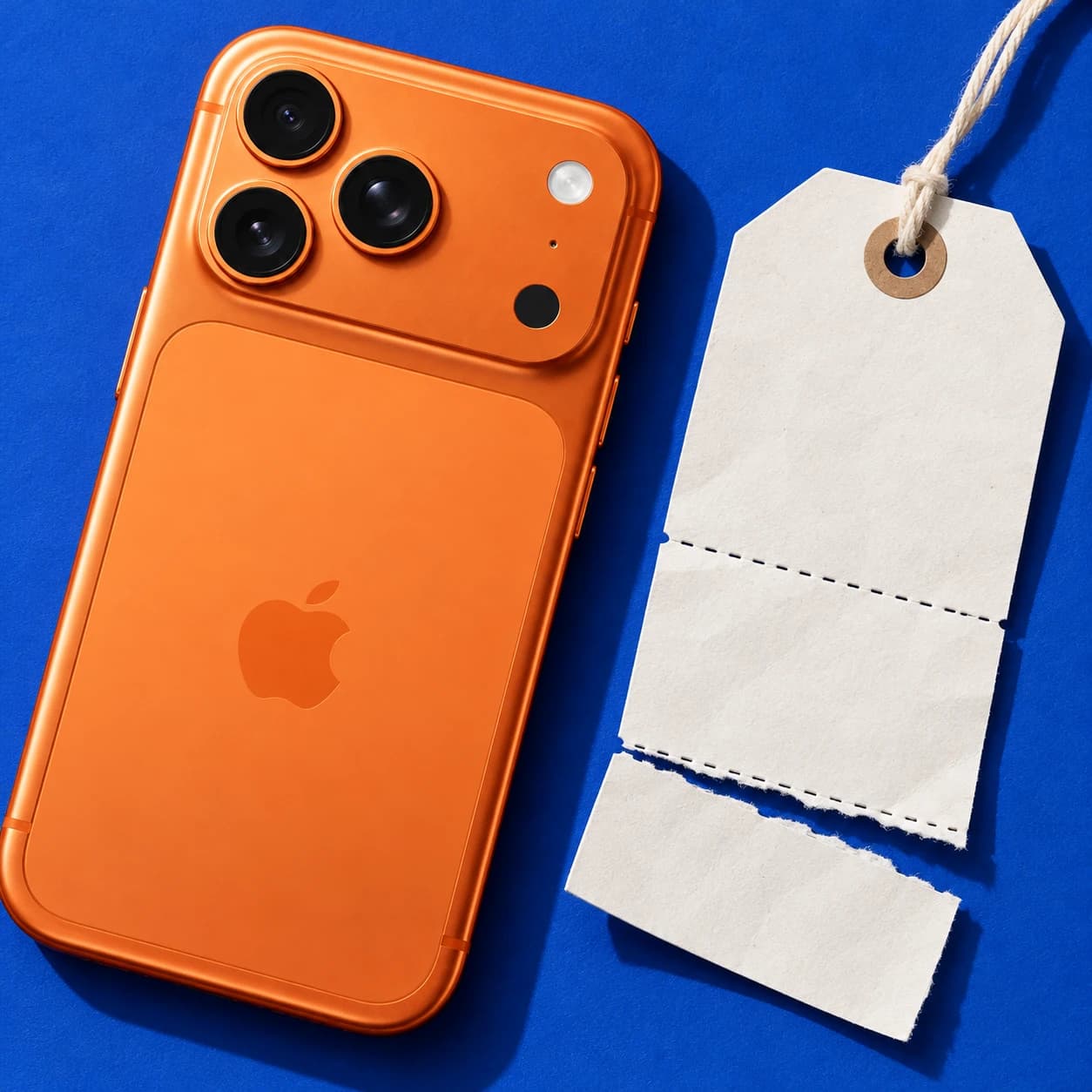 Оранжевый iPhone и бумажный ценник, разделённый на части