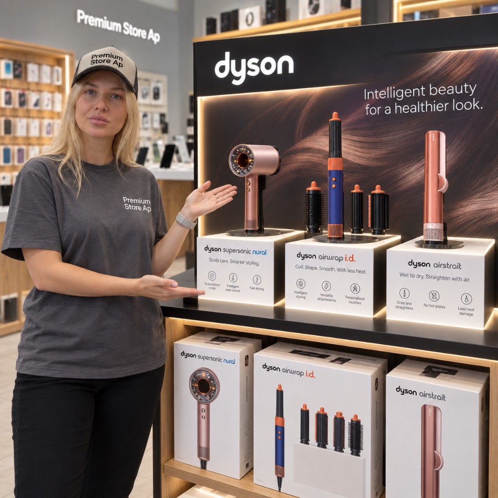 Витрина Dyson Supersonic, Airwrap и Airstrait в Premium Store Ap, Набережных Челнах